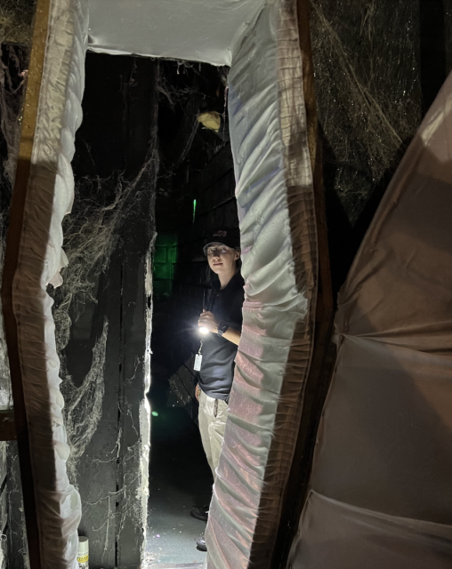 young man with flashlight looking through coffin shaped doorway